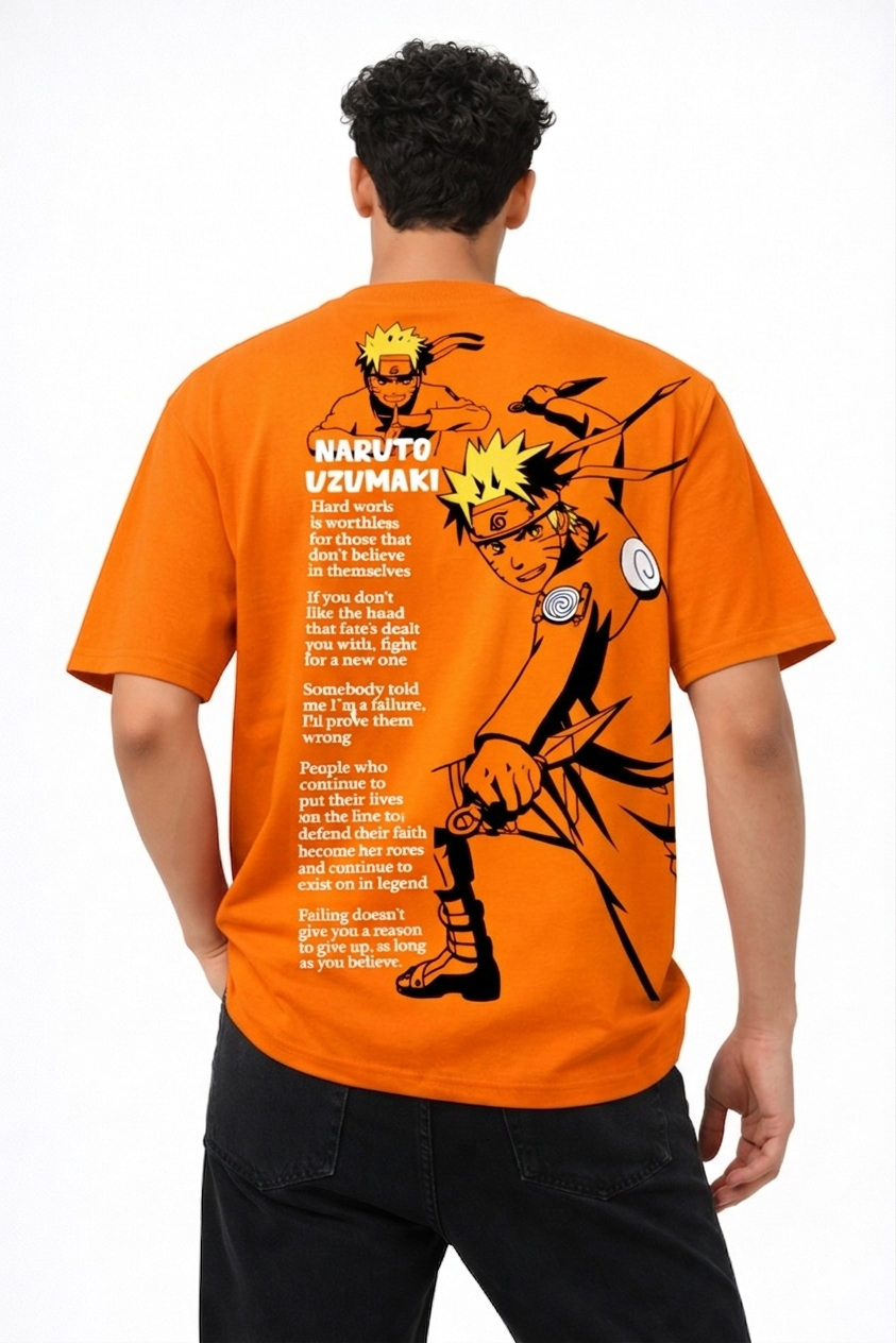 Naruto Uzumaki Anime Oversized T-Shirt – Orange Graphic Back Print | Streetwear Drop Shoulder Tee