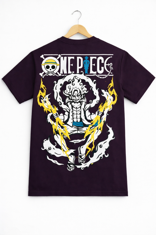 One Piece Luffy Gear Oversized T-Shirt – Purple Anime Graphic Back Print | Streetwear Drop Shoulder Tee