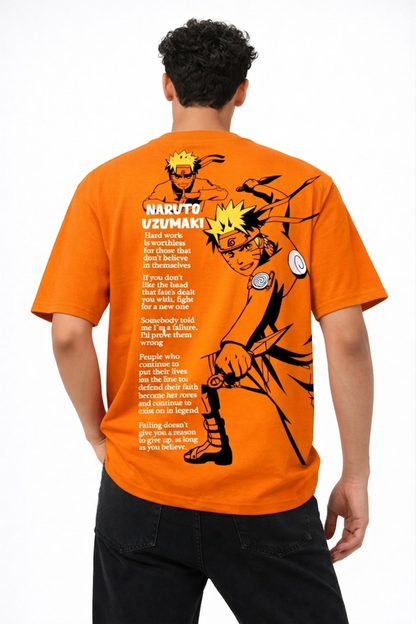 Naruto Uzumaki Anime Oversized T-Shirt – Orange Graphic Back Print | Streetwear Drop Shoulder Tee