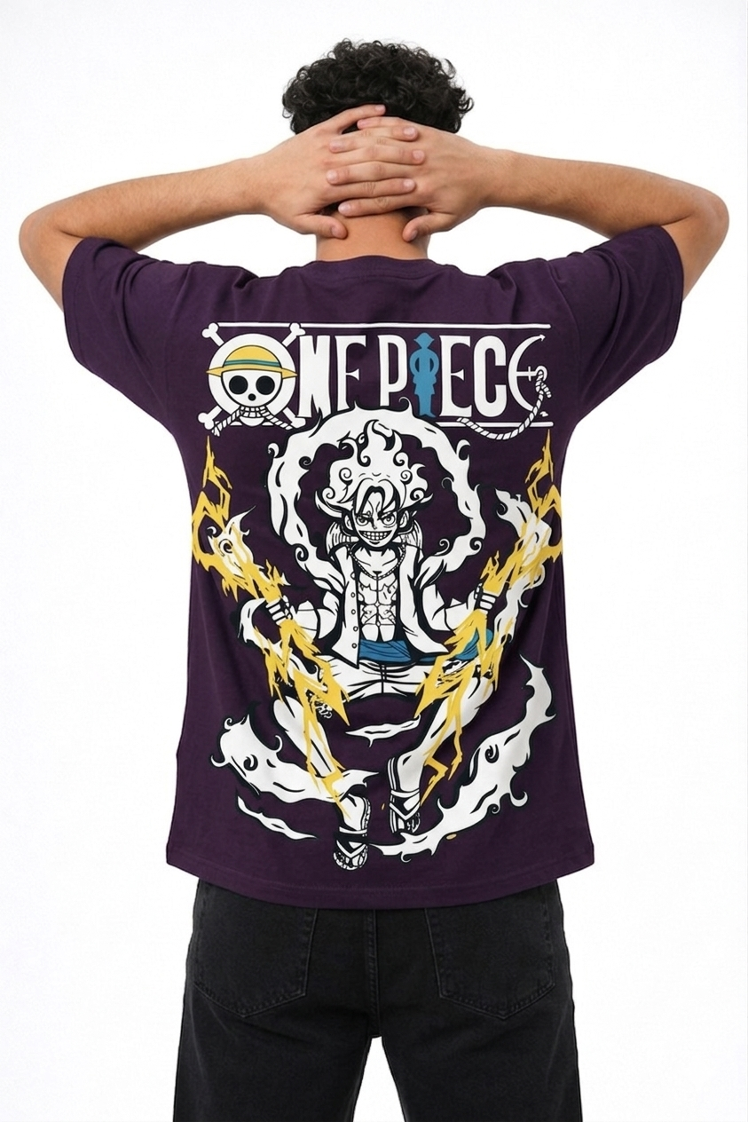 One Piece Luffy Gear Oversized T-Shirt – Purple Anime Graphic Back Print | Streetwear Drop Shoulder Tee